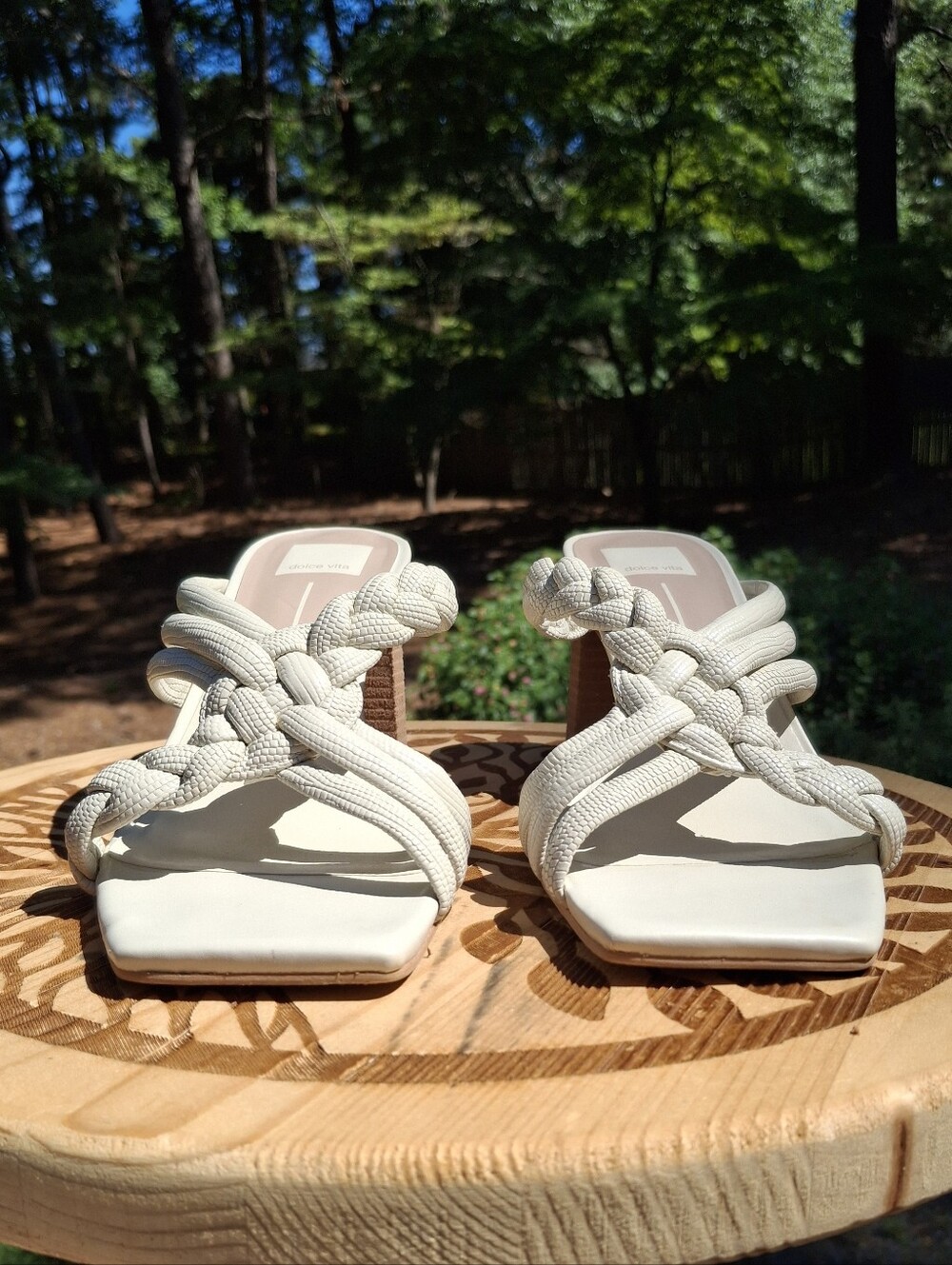 Dolce Vita Paily Cream Braided Leather Block Heel Square Toe Slide Sandals Sz 10 - Picture 2 of 9